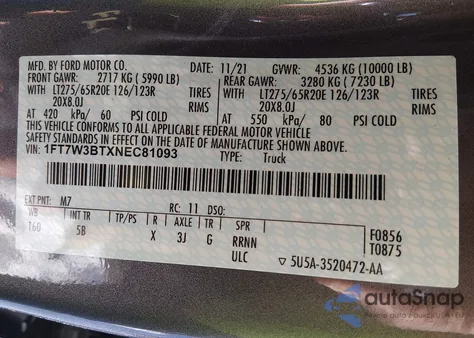 2022 Ford F-350 Lariat из США, поврежденный, VIN 1FT7W3BTXNEC81093